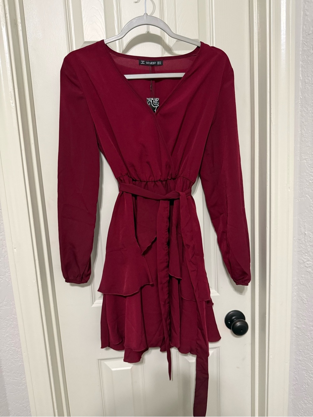 UGUEST Women’s Small Burgundy Wrap Dress Ruffle Tiered Long Sleeve Tie Waist NWT